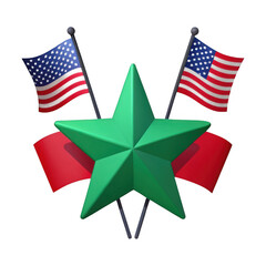 3d green star with american flags isolated on transparent background