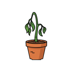 Neglected Wilting Houseplant Cartoon. This forlorn illustration of a drooping potted plant conveys sadness, poor health, decay, and the consequences of insufficient attention or drought.