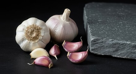 A closeup of fresh garlic bulbs and cloves arranged artfully on a dark slate surface, showcasing their natural texture and culinary appeal