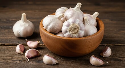 A wooden bowl overflows with fresh garlic bulbs and cloves, set upon a rustic wooden table