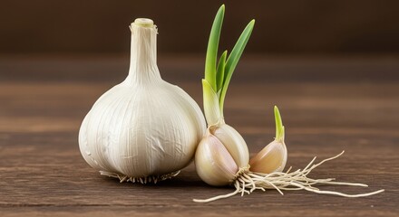 A whole garlic bulb and cloves with roots are displayed on a rustic wooden surface