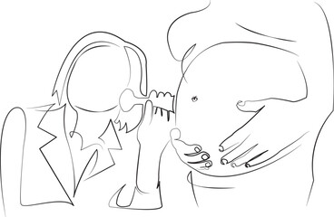 One continuous line drawing on white isolated background. Minimalism linear illustration. care, pregnant, doctor, people, female doctor, adult, healthcare and medicine, examining, stethoscope