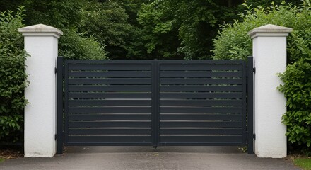 A modern gray metal gate stands between two white concrete pillars, providing access to a private property