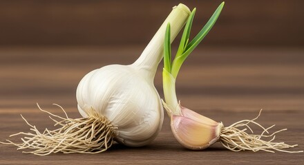 A whole garlic bulb and a clove with green sprouts sit on a rustic wooden surface, showcasing their natural texture and form