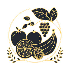 Elegant monoline fruit icons with golden accents on a dark background