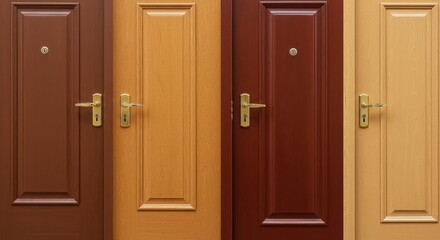 A collection of four wooden doors with varying designs and colors, each featuring a golden handle and a peephole, showcasing different styles