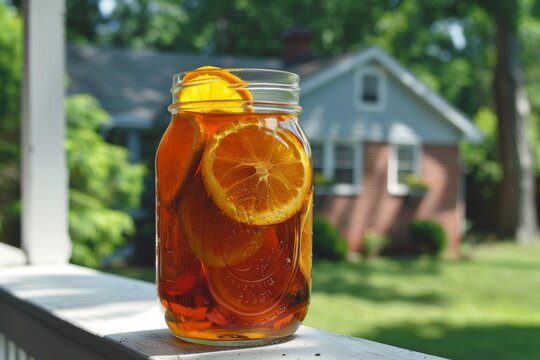 Homemade citrus tea in a mason jar with lemon and orange slices on a sunny backyard railing