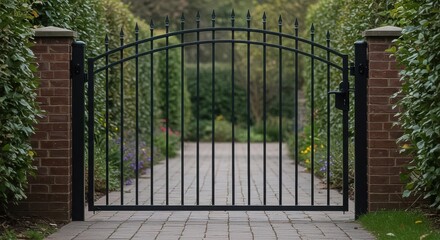 A wrought iron gate stands guard at the entrance to a lush garden, inviting visitors to explore the serene pathway beyond