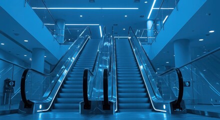 Two escalators stand side by side in a modern building, illuminated by blue neon lights