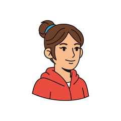 Happy Young Woman Cartoon. A vibrant illustration of a cheerful person with hair in a bun, wearing a red hoodie. Their pleasant expression conveys approachability and optimism.