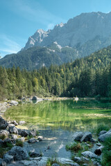 View from the shore of Lake Eibsee in Germany, with the mountain Zugspitze in the background.