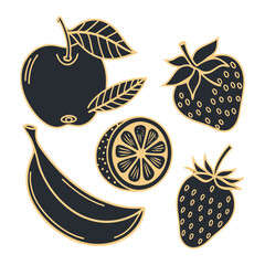 Elegant monoline fruit icons with golden accents on dark background