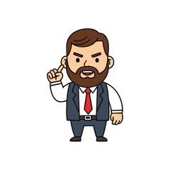 Stern Cartoon Businessman Warning. An animated male character with a beard in formal attire gestures emphatically. This illustration conveys authority, disapproval, or instruction.