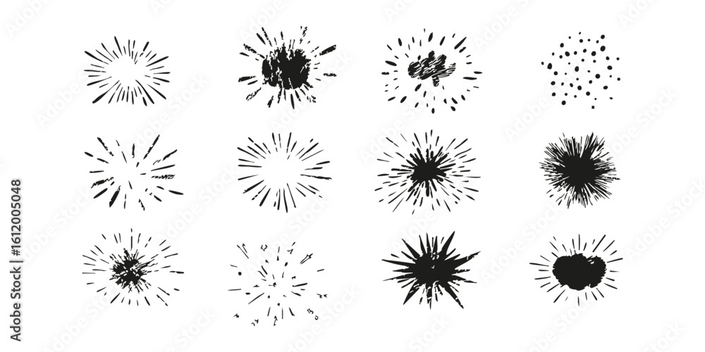 Poster abstract grunge burst elements set. dynamic explosion and splatter collection. isolated vector illus
