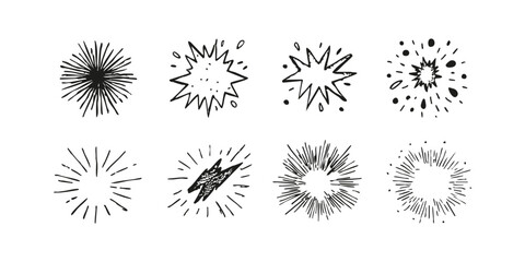 Hand-Drawn Comic Explosion Elements Set. Dynamic Burst And Impact Effects Collection. Isolated Vector Illustration