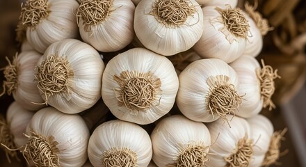 A closeup of a cluster of fresh garlic bulbs, showcasing their natural texture and earthy aroma