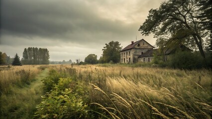 Fototapeta premium An abandoned house stands in a field under a cloudy sky, evoking a sense of melancholy and decay in the rural landscape