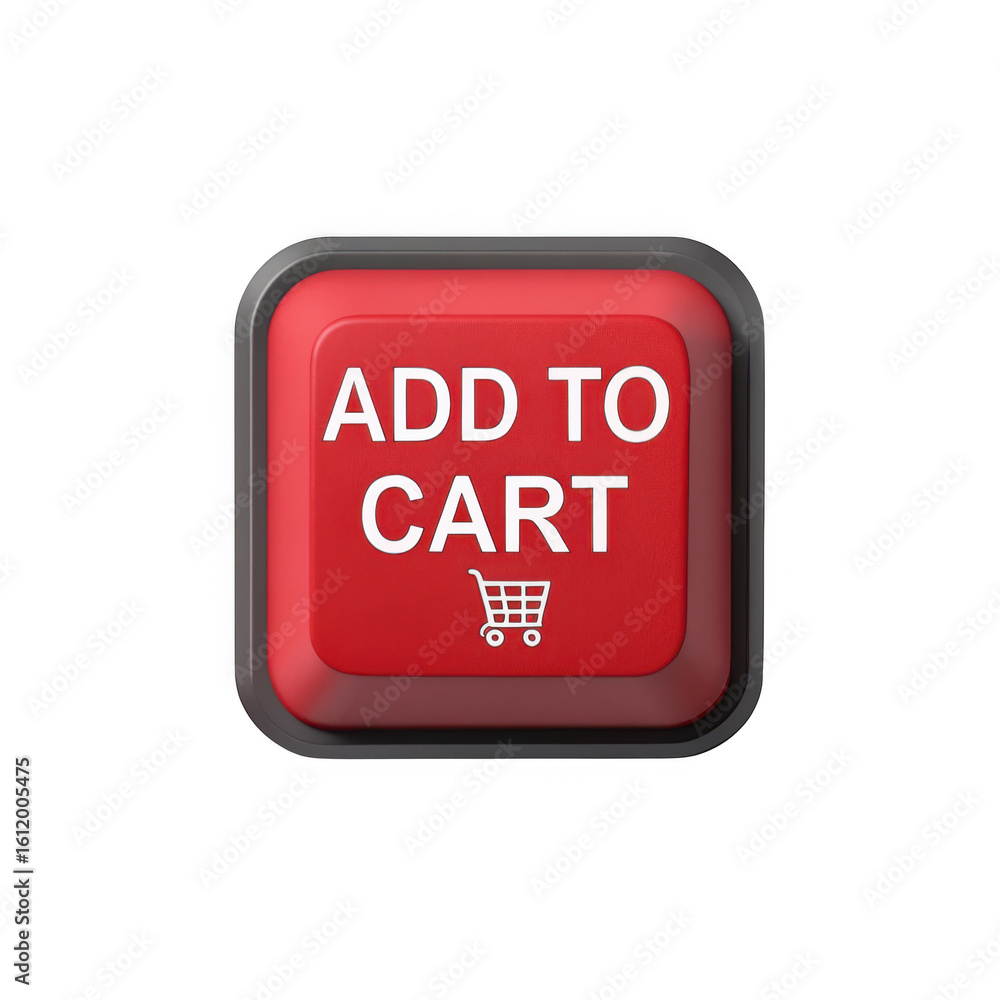 Poster 3d red add to cart button with shopping cart icon isolated on transparent background
