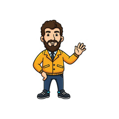 Cheerful Animated Man Waving. A pleasant bearded character in a vibrant yellow jacket extends a welcoming hand. His open gesture conveys a sense of amiability and invitation.