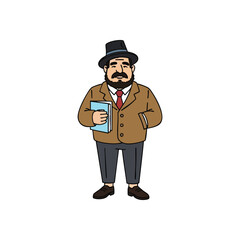 Gentleman Scholar Character. Charming cartoon individual holds a knowledge volume, embodying education and sagacity. This cheerful academic figure is a symbol of intellect.