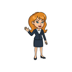 Friendly Businesswoman Waving. A cheerful cartoon female executive with red hair and blue eyes gestures a welcoming hand. Represents corporate professionalism, approachability, and successful.