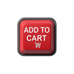 3d red add to cart button with shopping cart icon isolated on transparent background