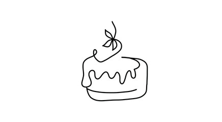 Cake continuous line drawing with flower, minimalist line art aesthetic illustration. Food collection 