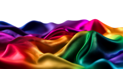 Colorful satin fabric flowing in waves with a transparent background