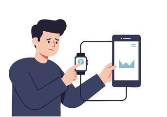 A frustrated young man struggles to sync his smartphone and smartwatch. The image highlights connectivity issues and a modern tech setup.  Clear, graphic style.