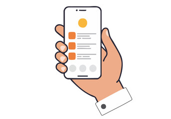 A hand holds a smartphone displaying a daily log. Clean, modern design with a cheerful emoji. Flat illustration style. Suitable for digital marketing and productivity themes.