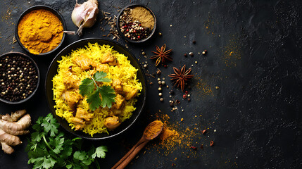 Yellow rice with chicken and spices curry turmeric