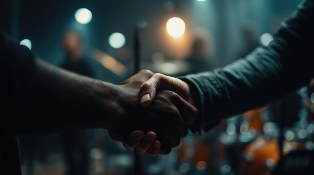 Musicians share a moment backstage, uniting through a heartfelt handshake before the performance begins