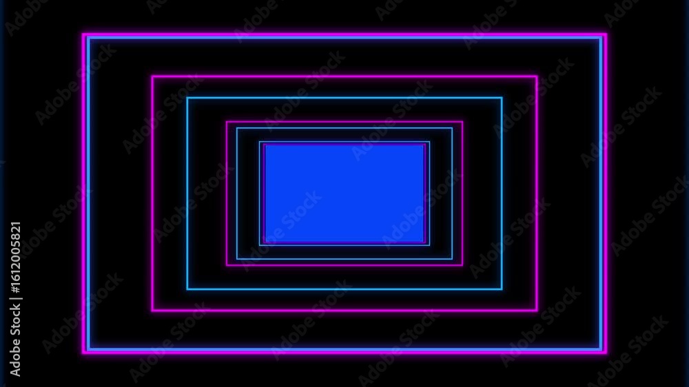 Poster forward the endless tunnel loop with colorful neon rectangle frames on a black background. 4k video