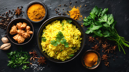 Yellow rice with chicken and spices turmeric parsley