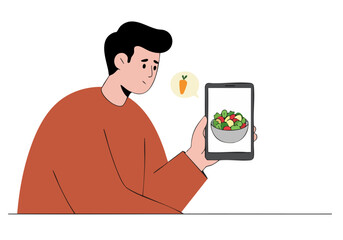 A man examines a vegan salad image on his tablet, conveying a healthy lifestyle choice. Clean, modern illustration style.