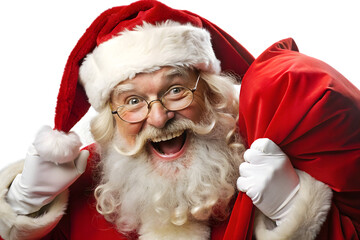 An excited santa claus with glasses holds a sack of gifts, his face full of joy, isolated on a transparent background