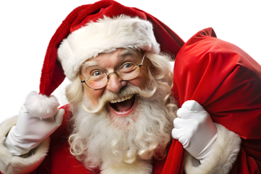 An excited santa claus with glasses holds a sack of gifts, his face full of joy, isolated on a transparent background