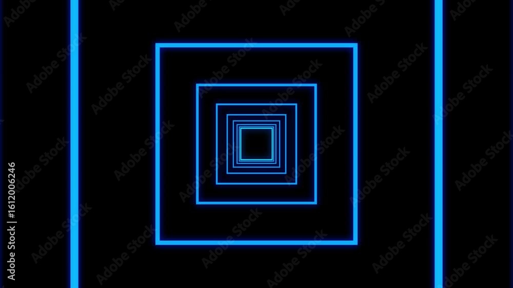 Poster forward the endless tunnel loop with colorful neon square frames on a black background. 4k video