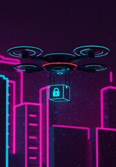 Drone delivers a secure package in a neon city at night