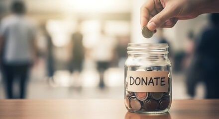 Hand places coin into a glass jar labeled donate