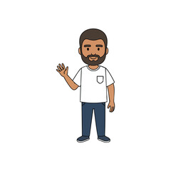 Friendly Man Waving Character. A cheerful male figure with a beard, rendered in a clean, approachable cartoon style, extends a welcoming hand. Perfect for greetings or avatars.