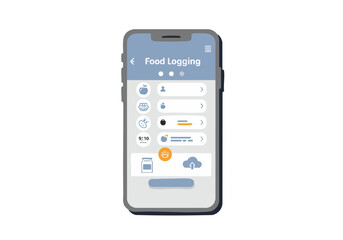 A smartphone displays a food logging app interface. Clean design, blue and white color scheme, showcasing calorie tracking and meal entries. Modern, digital lifestyle.