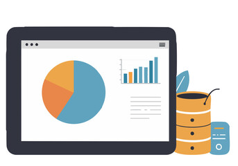 A tablet displays a backup chart with colorful data visualizations. A database icon and speech bubble add context. Modern, clean design for business and analytics.