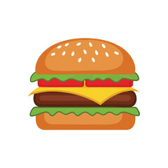 Classic Hamburger Illustration. Vibrant icon of a yummy cheeseburger with savory patty, fresh vegetables, and melted cheddar on a sesame seed bun, representing quick dining.