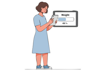 A woman analyzes her weight goal on a tablet. Modern illustration, clean design, focuses on health and wellness. Suitable for digital marketing and health-related content.