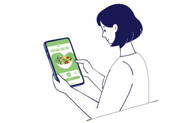 A young woman enjoys a vegan salad via her tablet, displaying a happy emoji. Modern, clean illustration style. Focus on healthy eating and digital convenience.