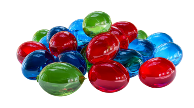 Colorful glass marbles in vibrant red, blue, and green hues