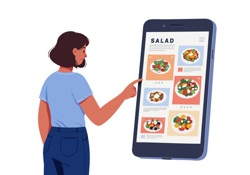 A woman browses salad options on her smartphone, showcasing a modern food delivery app interface. Clean, bright, and inviting design. Perfect for digital marketing and food tech visuals.