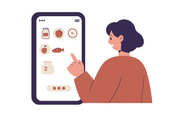 A woman uses a smartphone to track nutrition, showcasing a healthy lifestyle. Modern illustration style with a focus on wellness and digital health. Clean, appealing design.