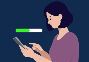 A young woman intently checks her phone, observing a charging progress bar. Modern, minimalist style. Focus on the screen and her expression.